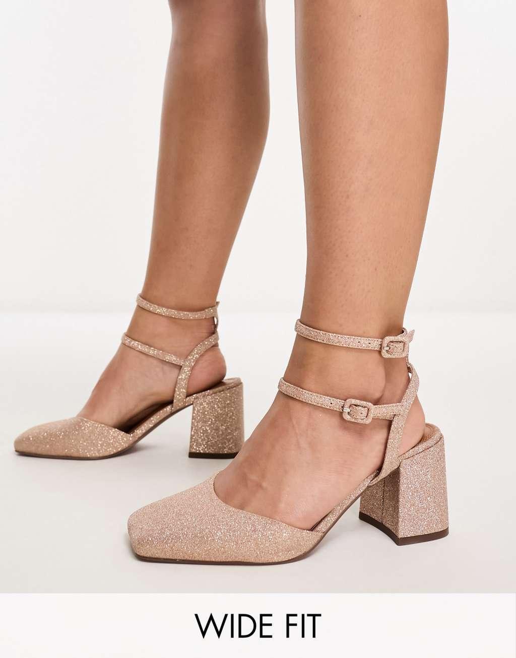 ASOS DESIGN Wide Fit Saffy block heeled mid shoes in glitter Product Image