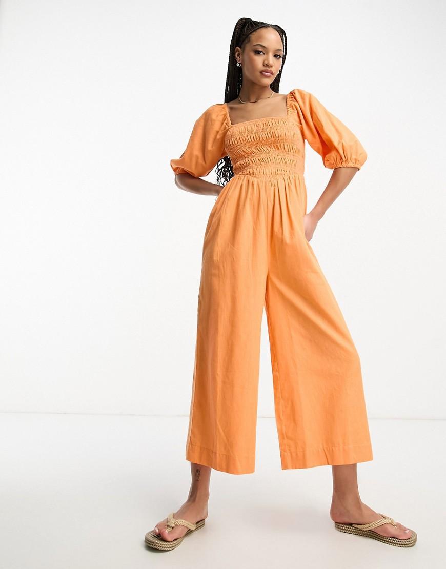 ASOS DESIGN linen look shirred bodice puff sleeve jumpsuit Product Image