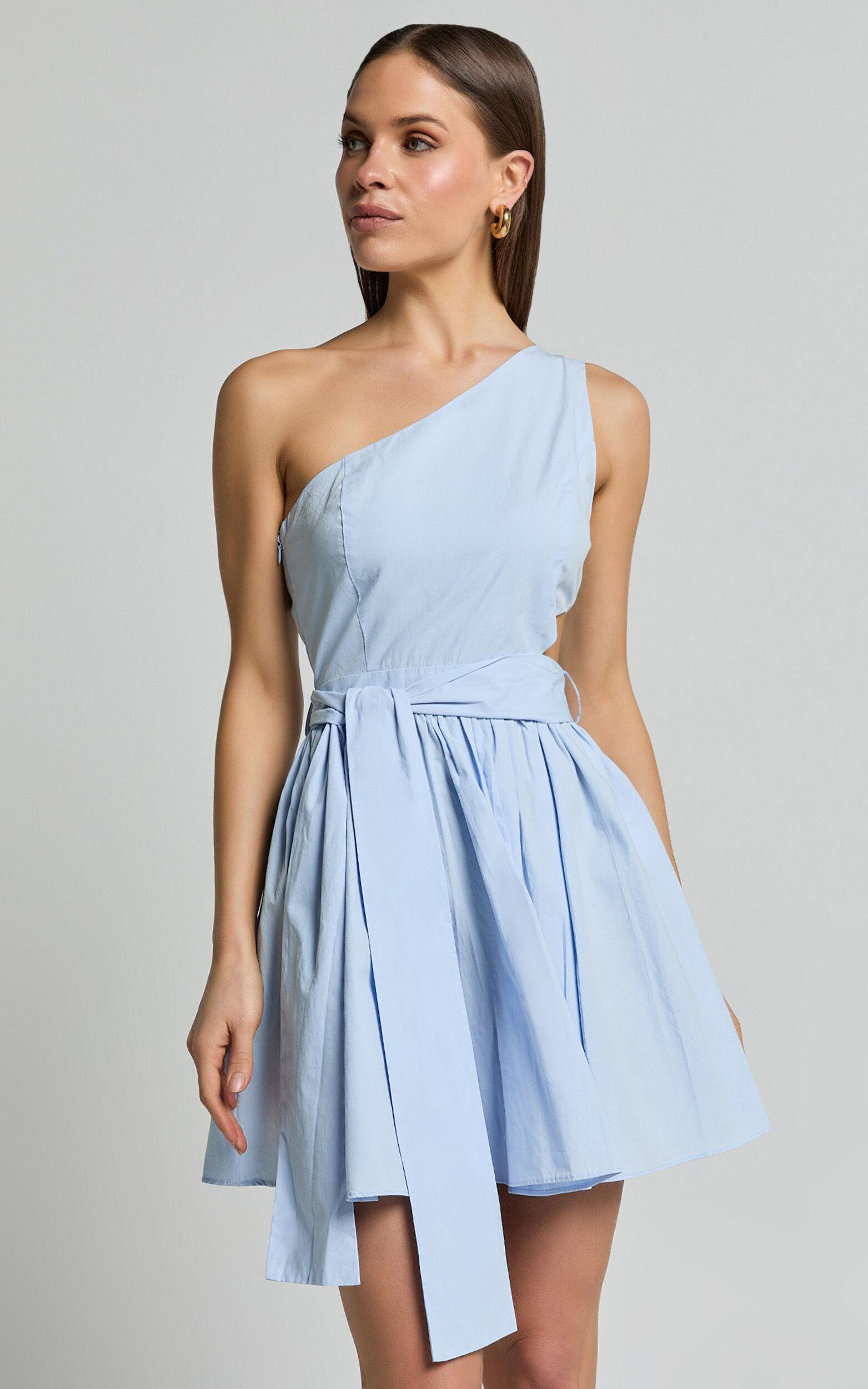 Mauee Mini Dress - One Shoulder Tie Waist Cut Out Dress in Powder Blue Product Image