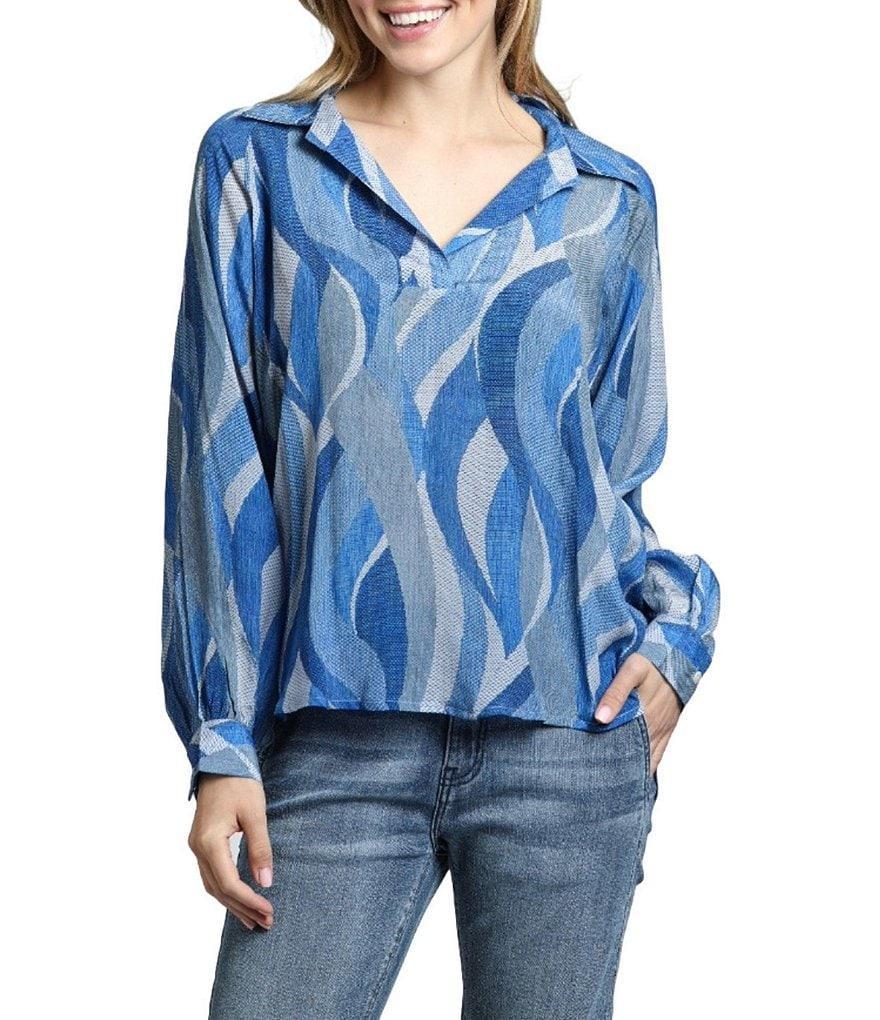 APNY Printed Collared V-Neck Long Sleeve Blouse Product Image