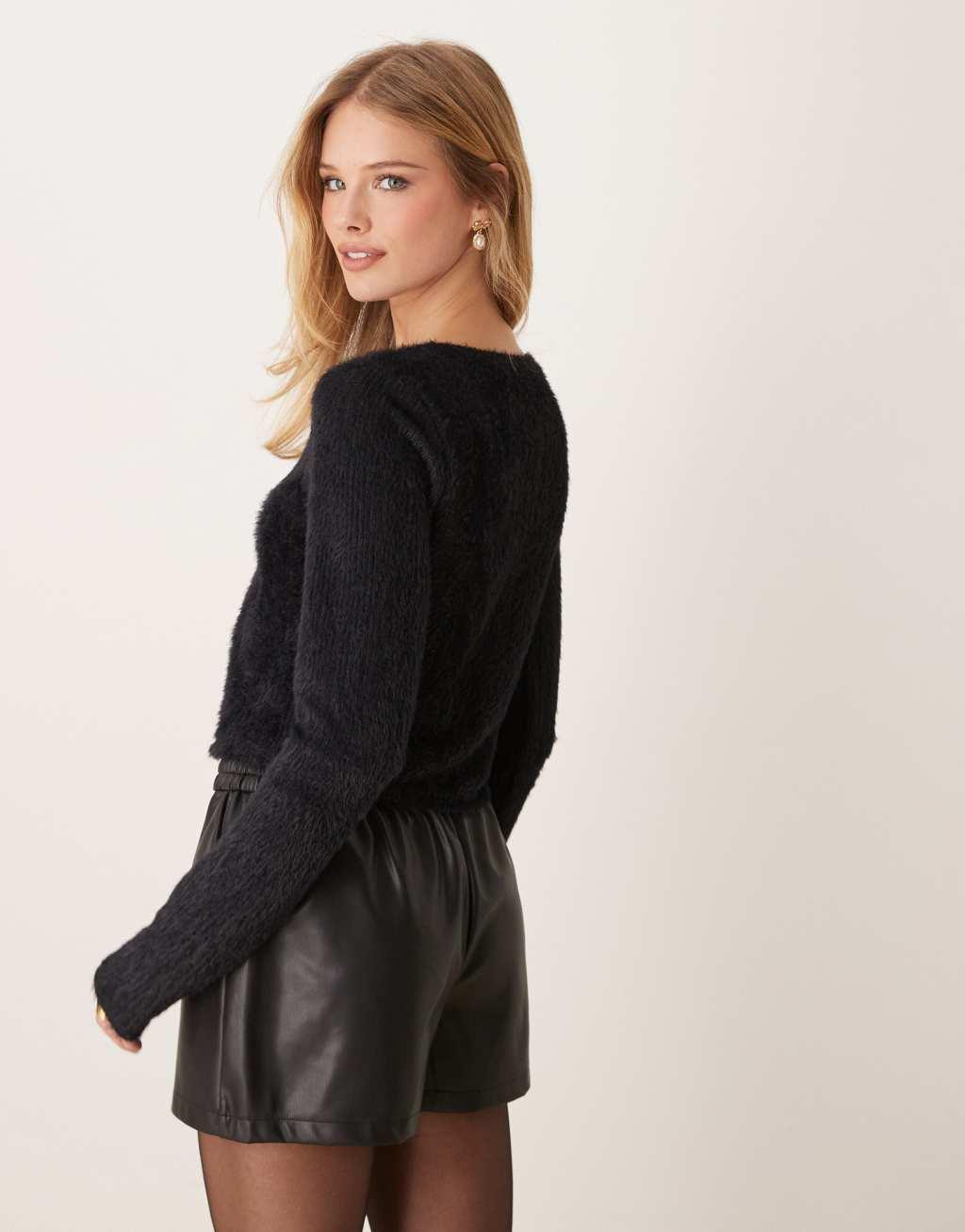 Miss Selfridge fluffy ribbed cardigan in black Product Image