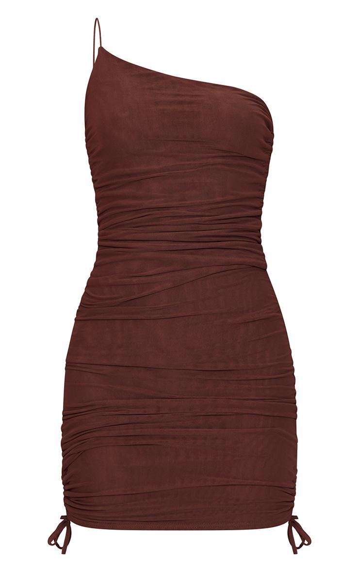 Chocolate Ruched Mesh Bodycon Dress Product Image