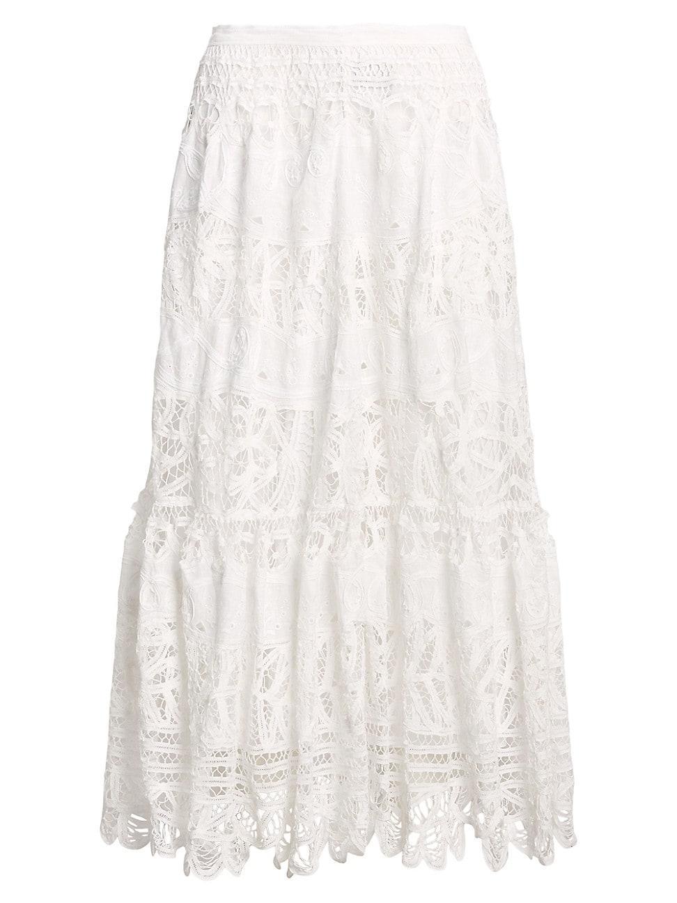 Womens Battenberg-Lace Linen Midi-Skirt Product Image