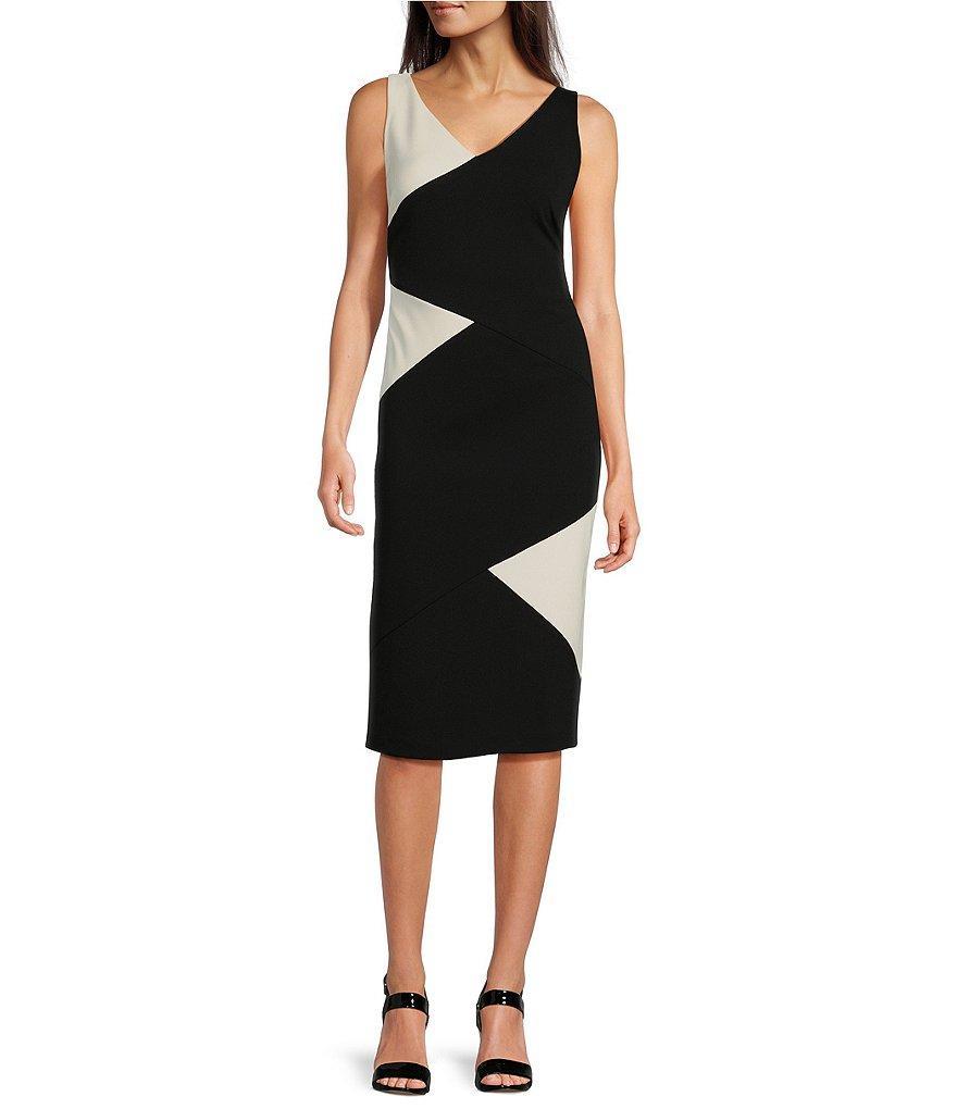 KARL LAGERFELD PARIS Scuba Crepe Color Block V-Neck Sleeveless Dress Product Image