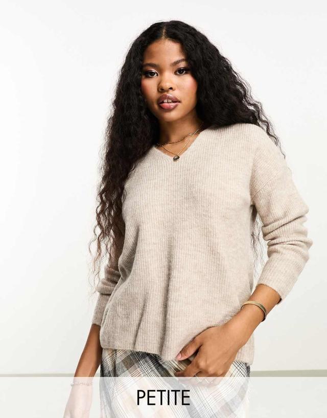 Only Petite v neck sweater in stone heather  Product Image