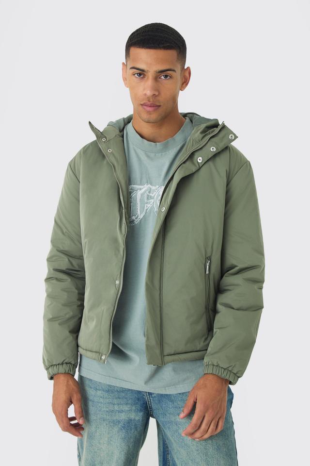 Hooded Padded Mid Length Parka In Khaki | boohooMAN USA Product Image