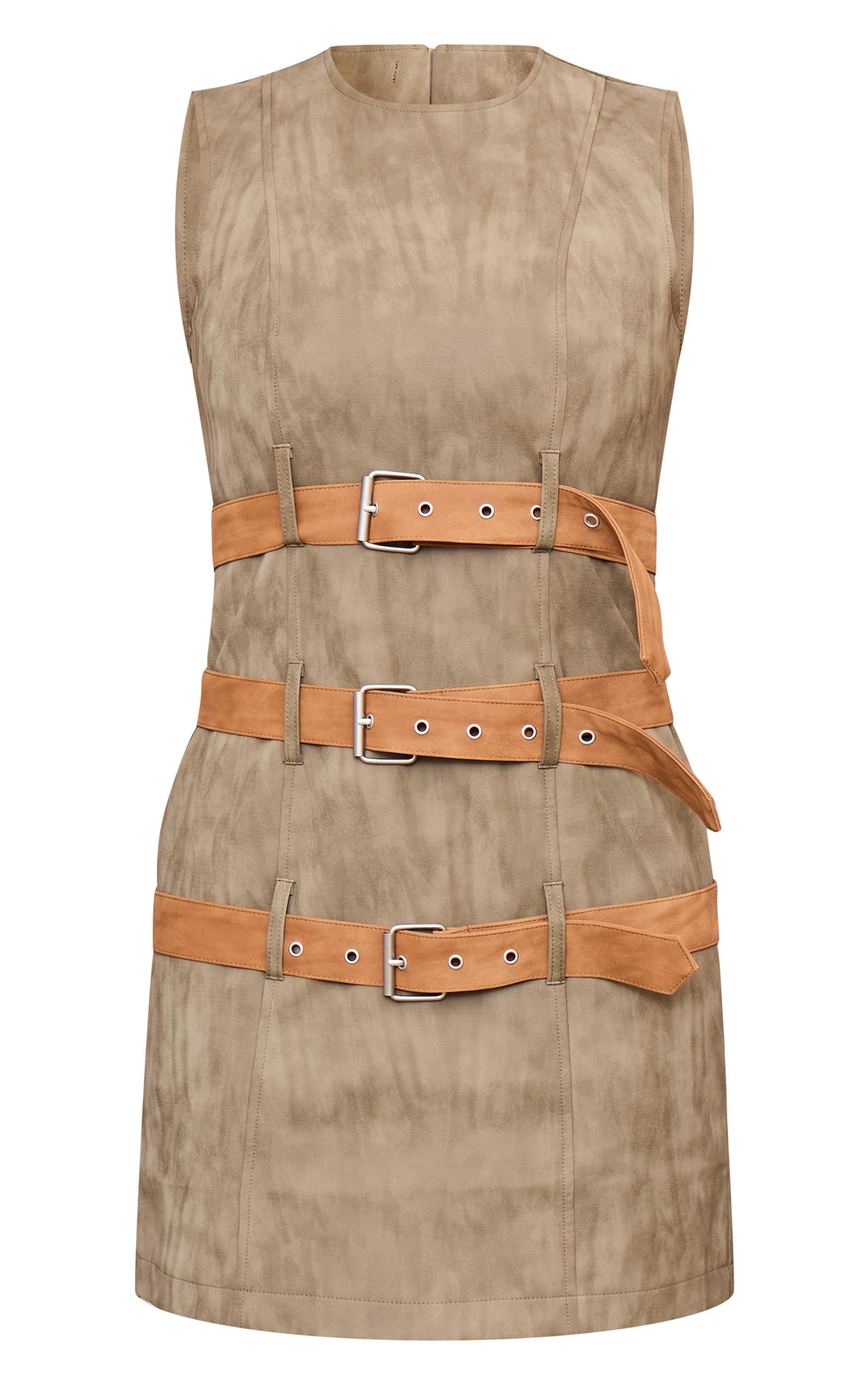 Khaki Faux Leather Belted Bodycon Dress Product Image