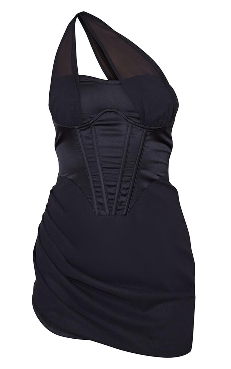 Black Satin Underwired Corset Mesh Strap Detail Bodycon Dress Product Image