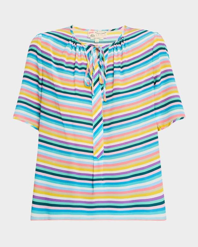 Striped Short-Sleeve Tie-Front Silk Blouse Product Image