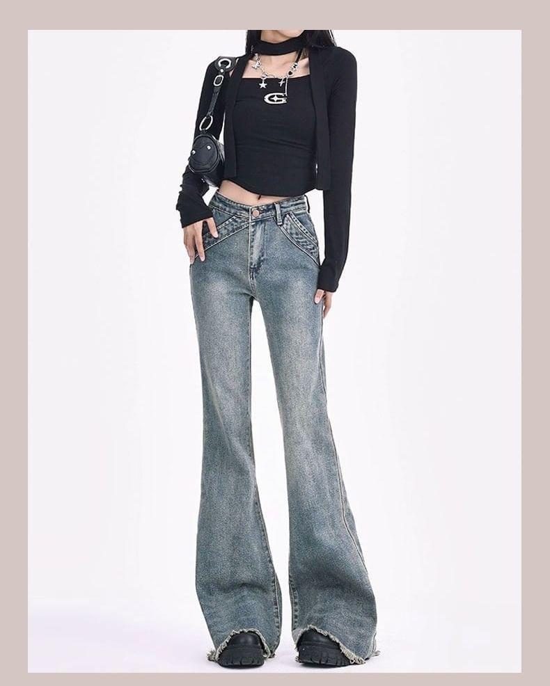 High Waist Washed Flared Jeans Product Image