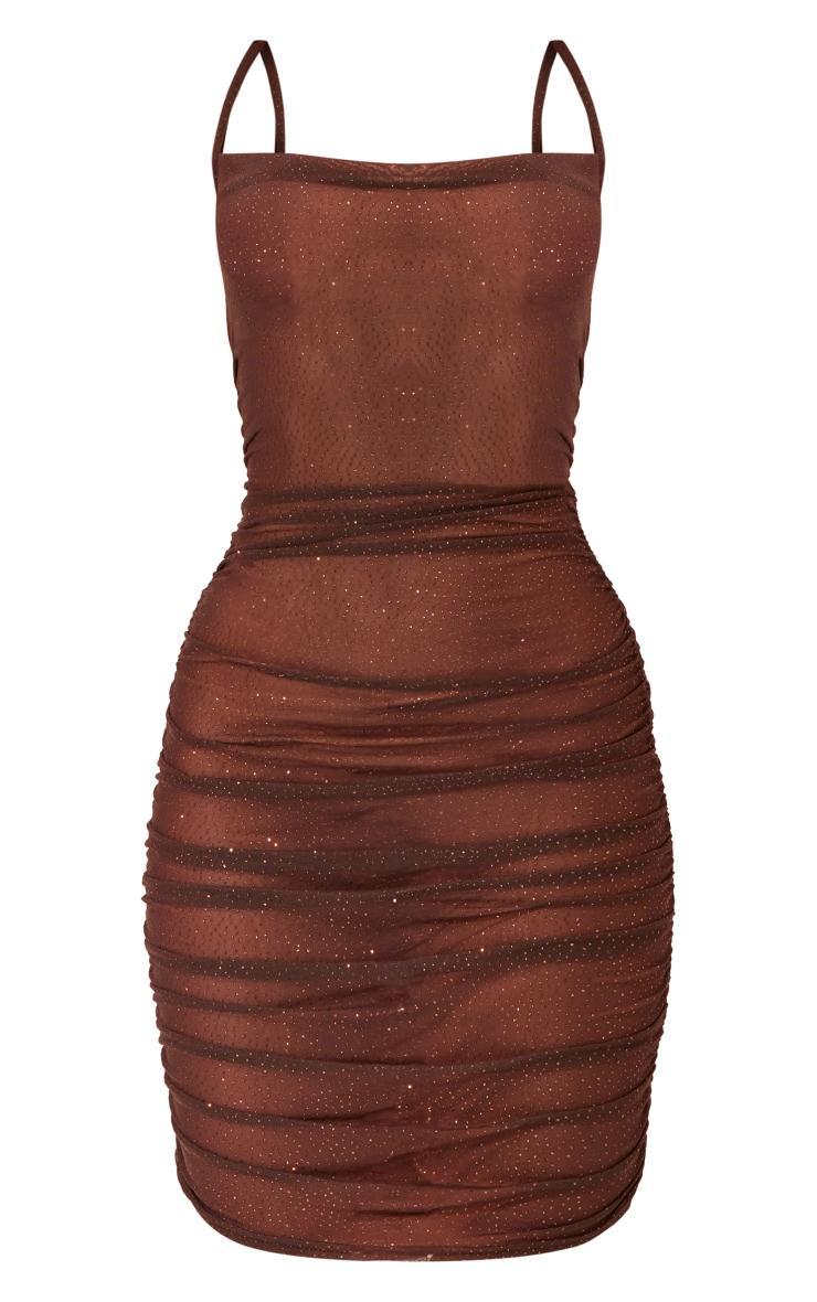 Chocolate Brown Glitter Mesh Cowl Neck Ruched Strappy Bodycon Dress Product Image