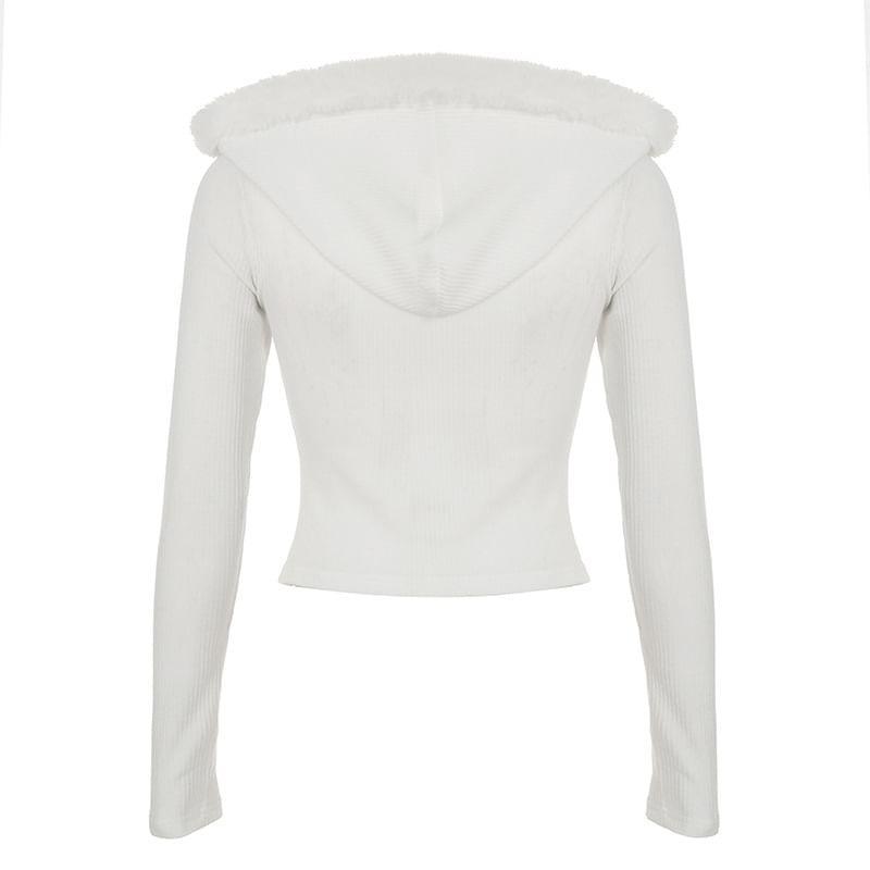 Long-Sleeve Furry Trim Plain Knit Top Product Image