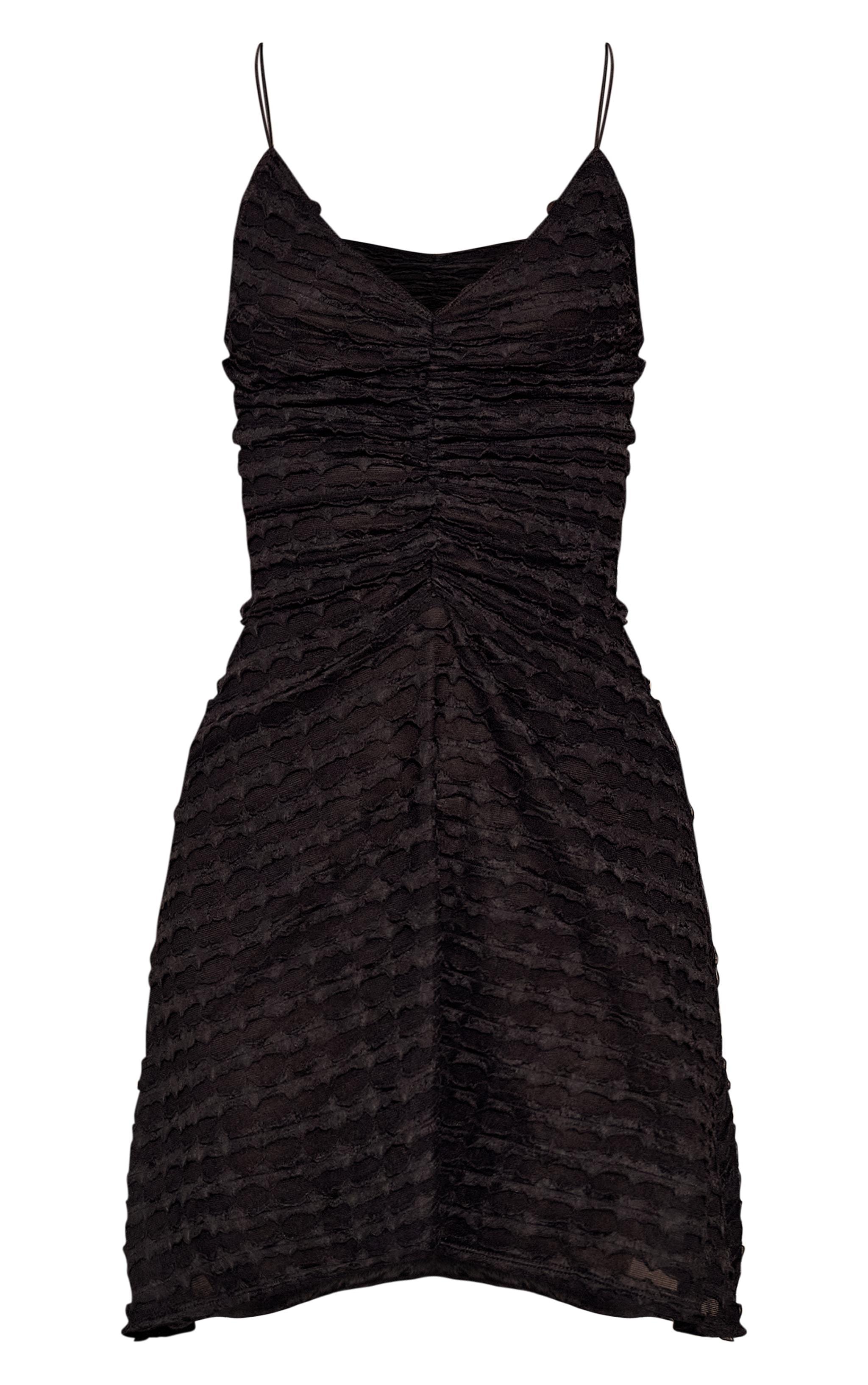 Black Textured Ruched Strappy Shift Dress Product Image