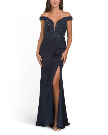 Off The Shoulder Embellished Gown With Drape Front for Women | Polyester Product Image