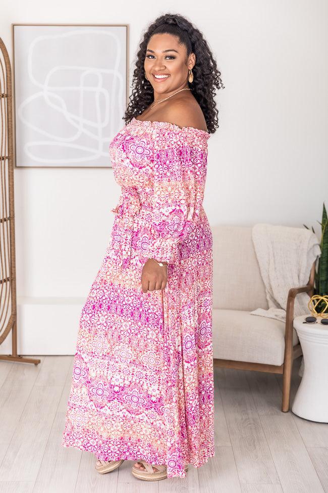 Dynamic Love Pink Printed Off The Shoulder Maxi Dress FINAL SALE Product Image