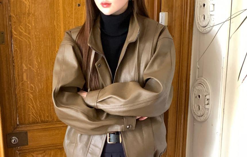 Stand Collar Plain Panel Faux Leather Zip Jacket Product Image