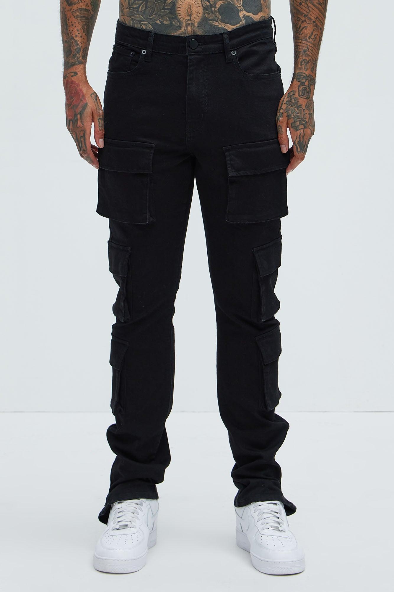 Three Cargo Stacked Skinny Zipper Flare Jeans - Black Product Image