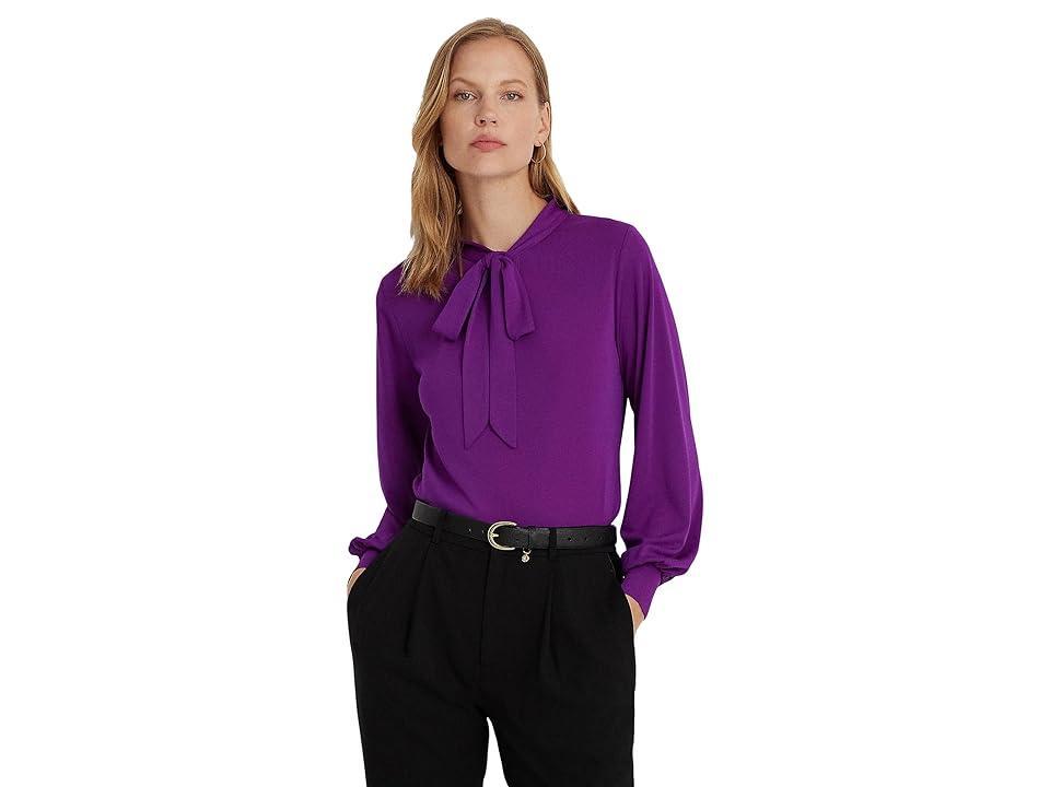 LAUREN Ralph Lauren Stretch Jersey Tie-Neck Top Agate) Women's Clothing Product Image