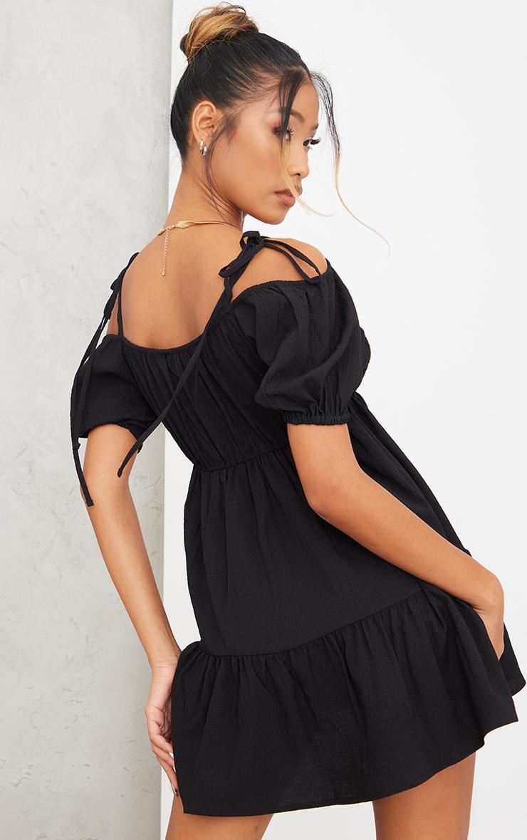 Black Textured V Neck Puff Sleeve Shift Dress Product Image