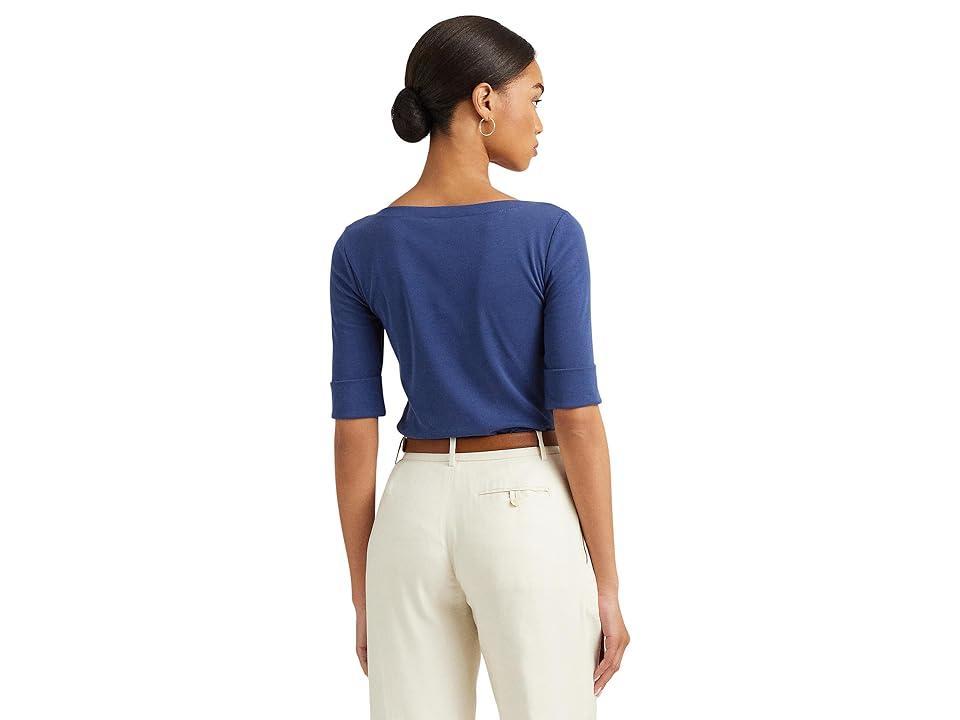 LAUREN Ralph Lauren Petite Stretch Cotton Boatneck Top (Indigo Sail) Women's Clothing Product Image