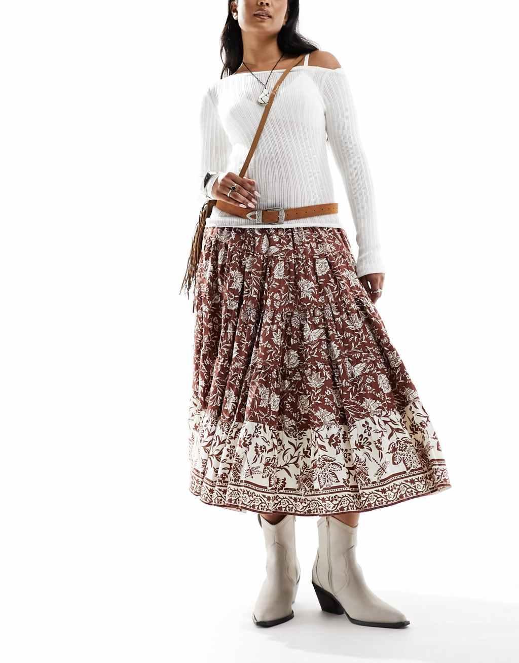 Free People batik print vintage look midi skirt in chocolate Product Image