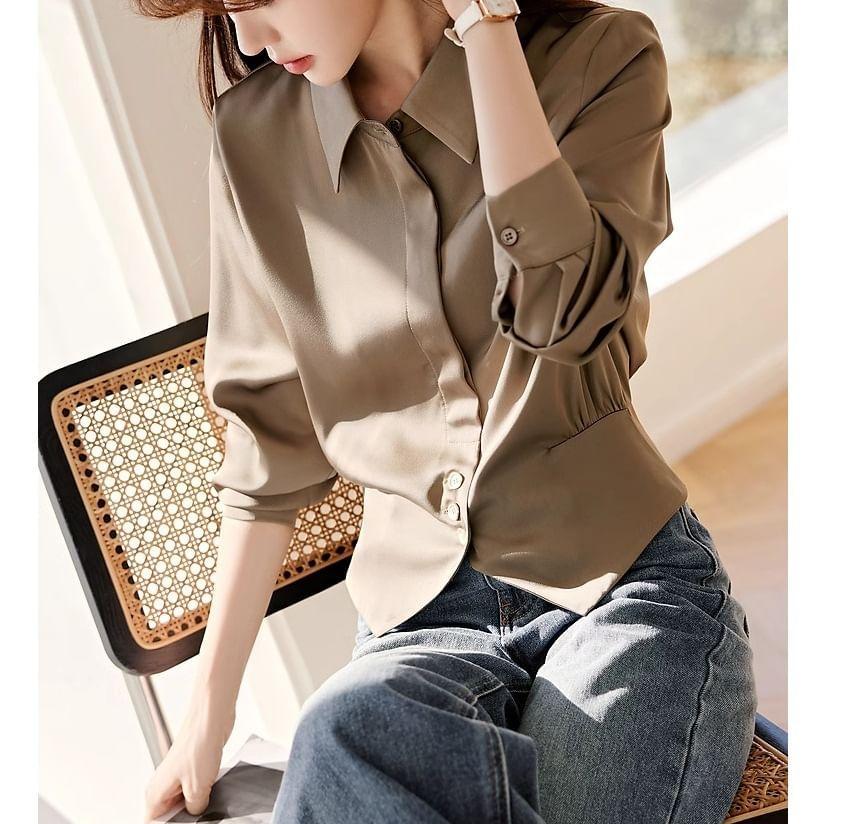 Long-Sleeve Plain Crop Shirt Product Image