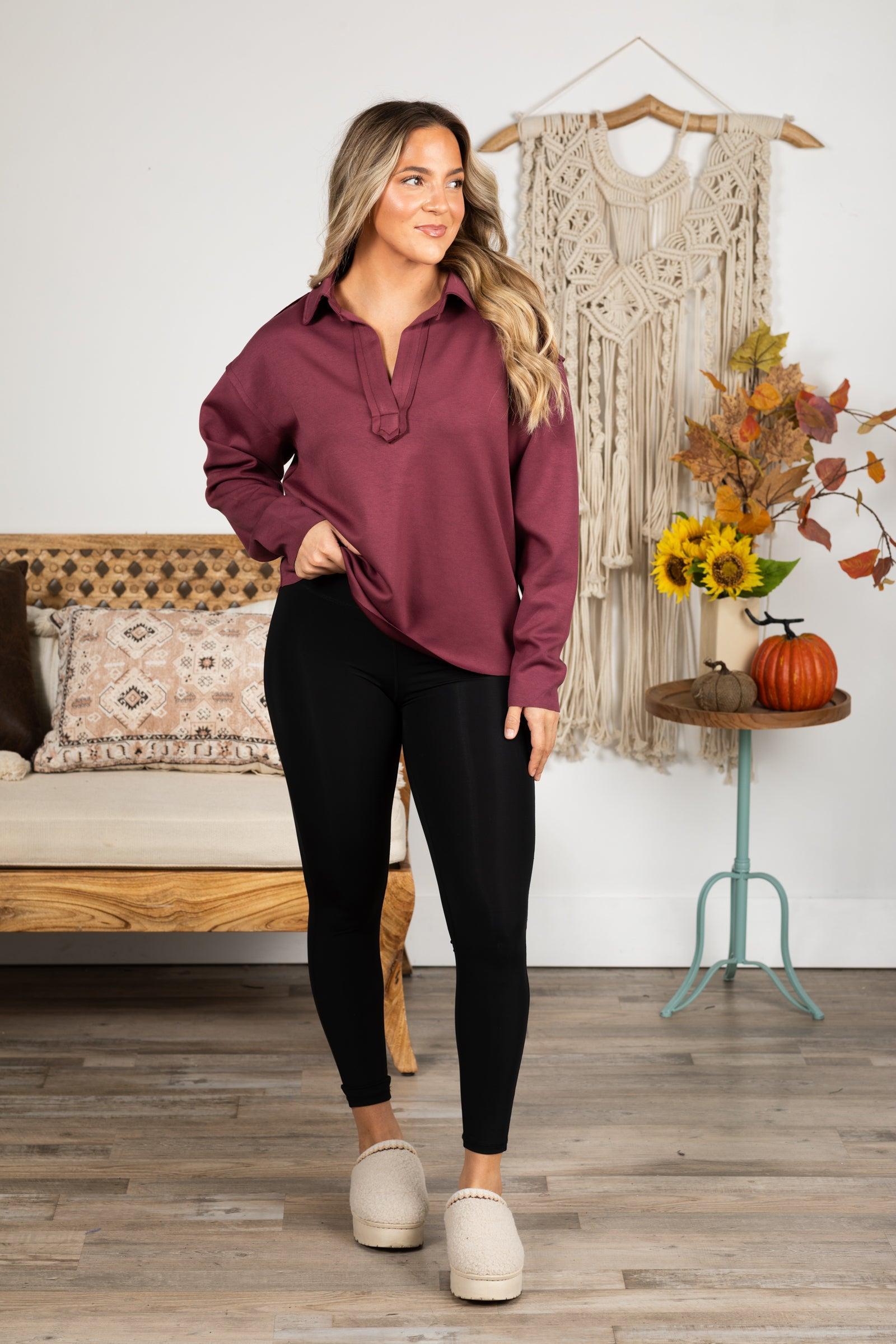 Plum V-Neck Collar Knit Long Sleeve Top Product Image