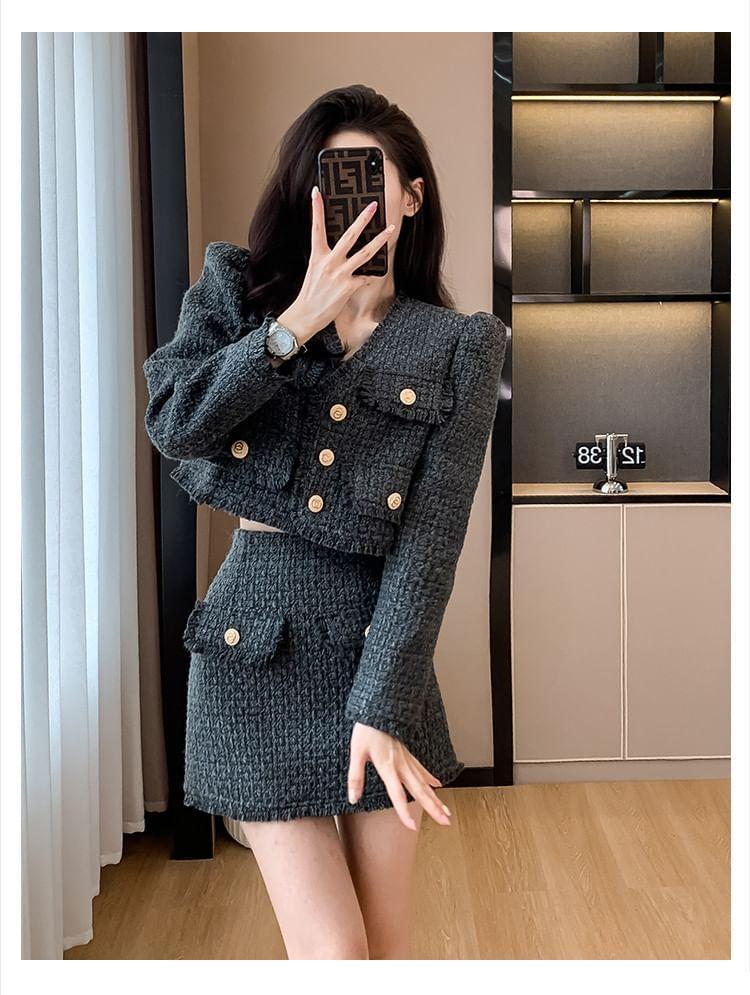 Set: V-Neck Frayed Button-Up Tweed Crop Jacket + High Waist Mini A-Line Skirt Product Image