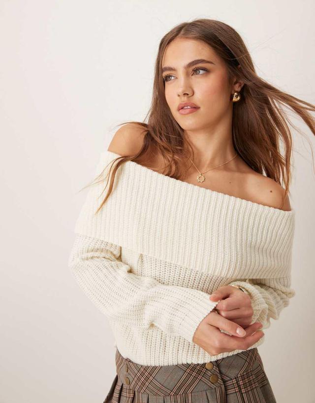 JDY off shoulder ribbed knitted sweater in cream Product Image