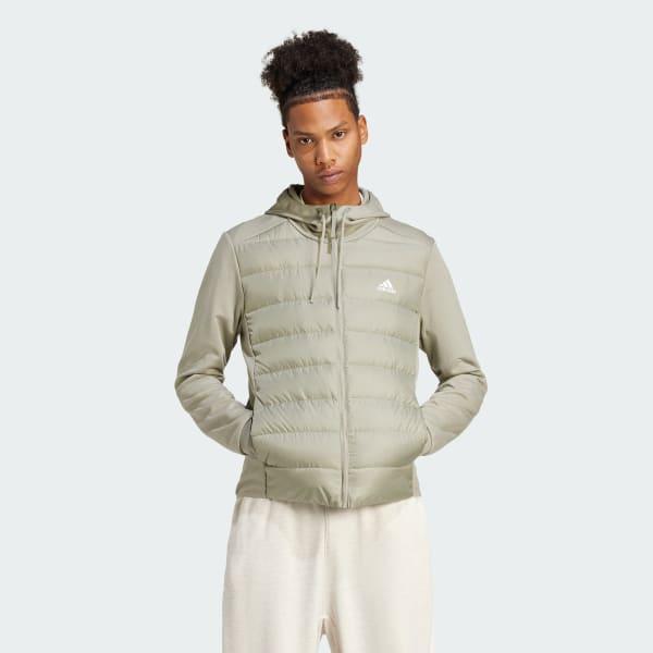 adidas Essentials Hybrid Down Hooded Jacket Silver Pebble S23 L Mens Product Image