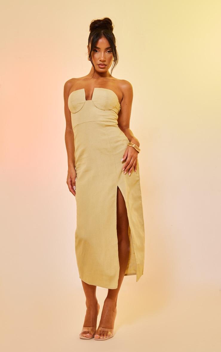 Sage Green Linen Look Bandeau Cup Detail Midi Dress product image