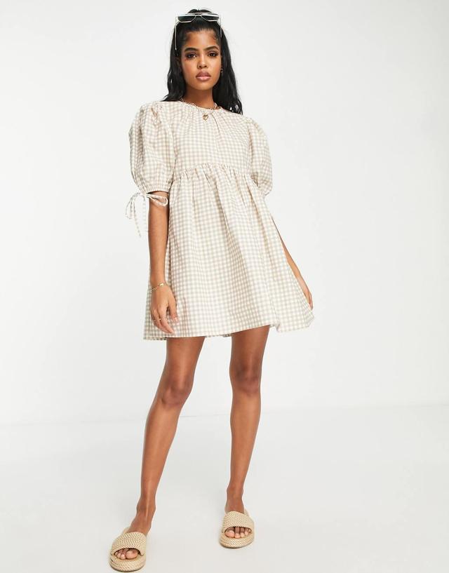 Influence puff sleeve mini dress in beige gingham Product Image