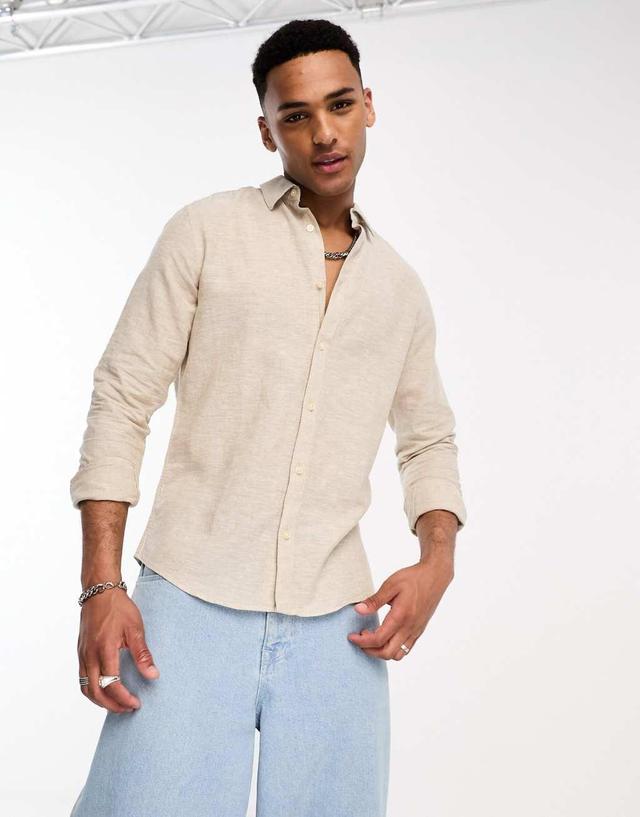 Only & Sons linen mix long sleeve shirt in beige Product Image