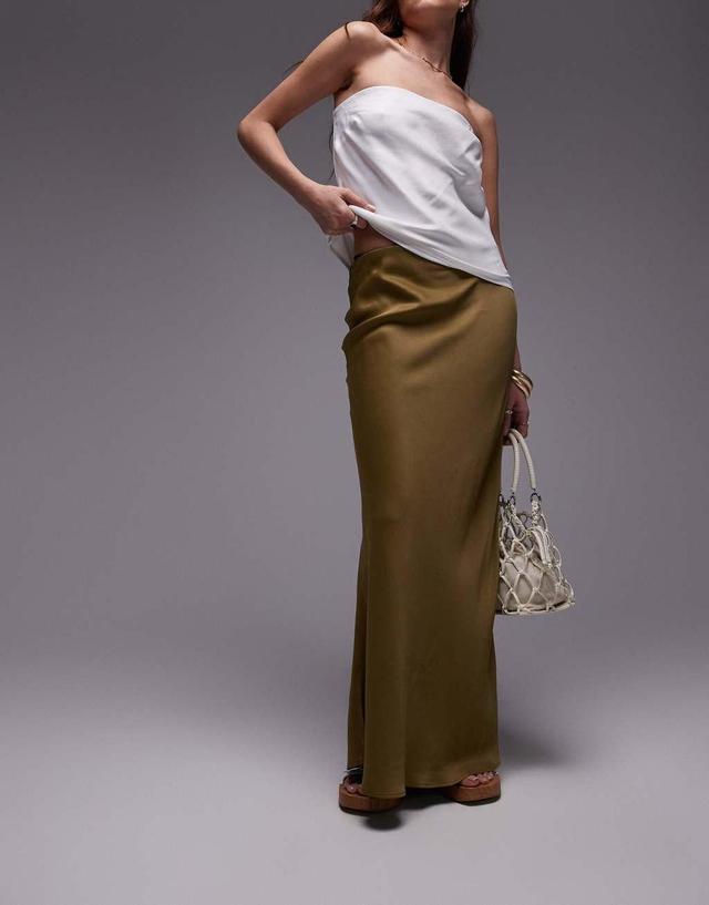 Topshop satin bias maxi skirt in khaki Product Image