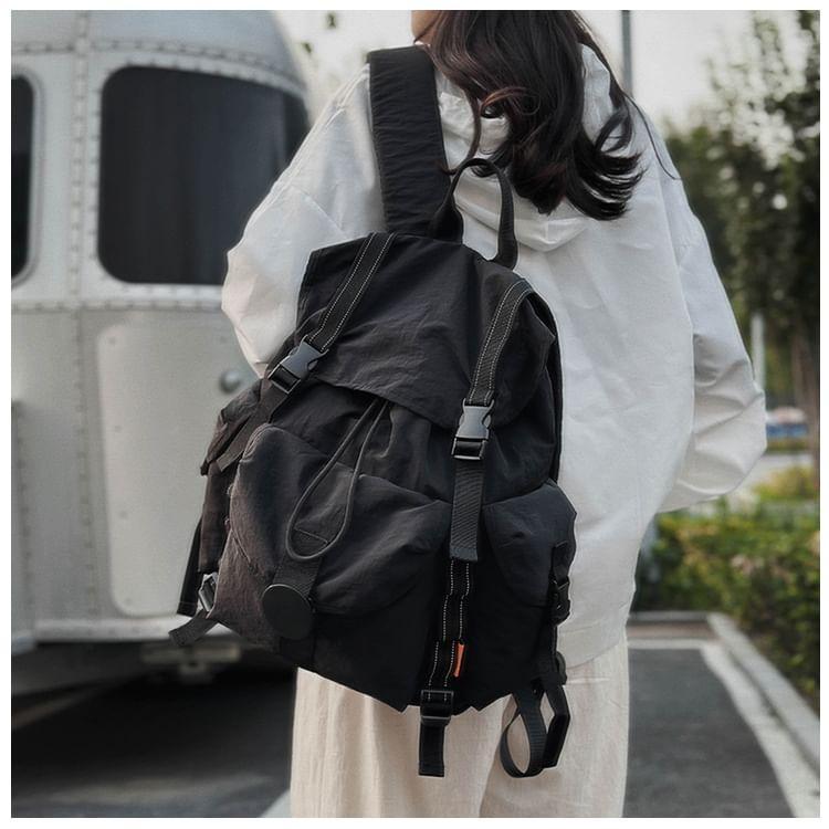 Plain Drawstring Buckled Nylon Flap Backpack Product Image