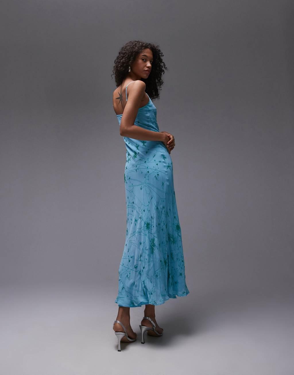 Topshop cami slip dress with embroidery and embellishment in blue Product Image