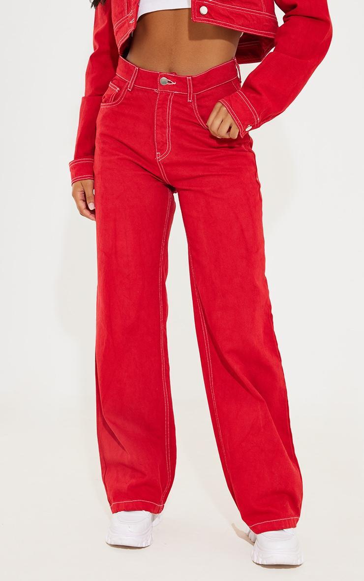 Red With Contrast Stitch Wide Leg Jean Product Image