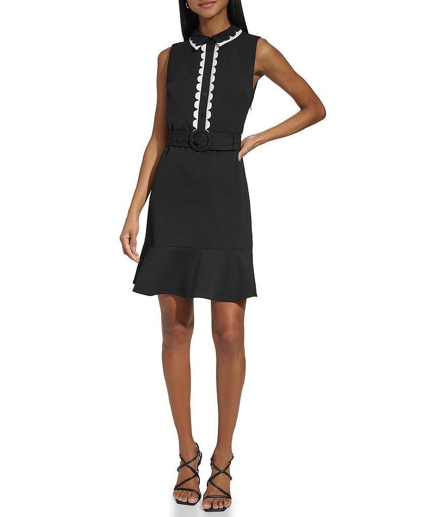 KARL LAGERFELD PARIS Scuba Crepe Contrast Collar Neck Sleeveless Scalloped Mini Dress Product Image