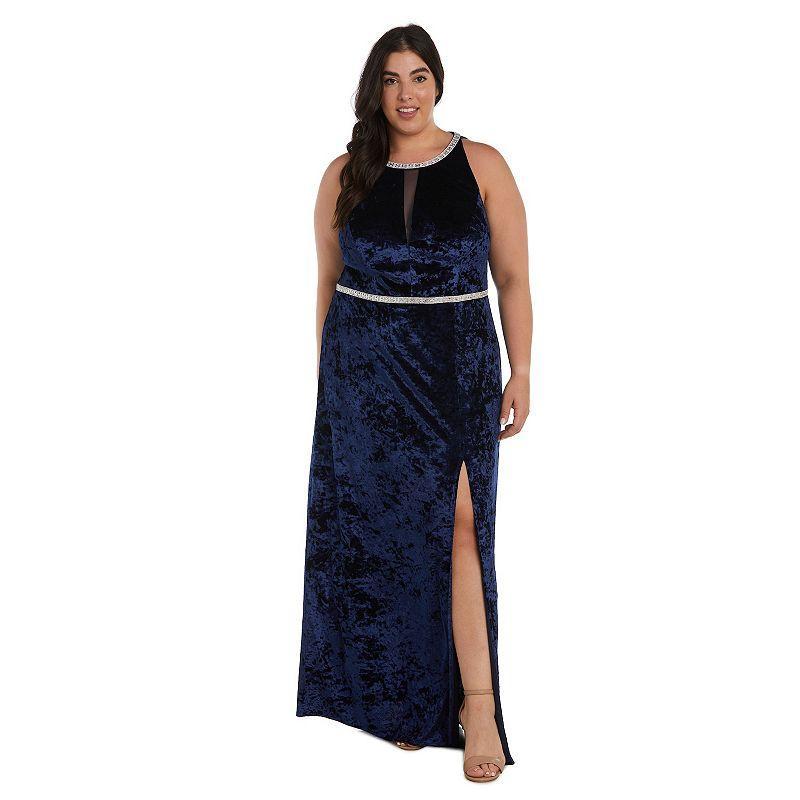 Plus Size R&M Richards Split Neck Belted Side Slit Velvet Maxi Evening Dress, Womens Blue Product Image