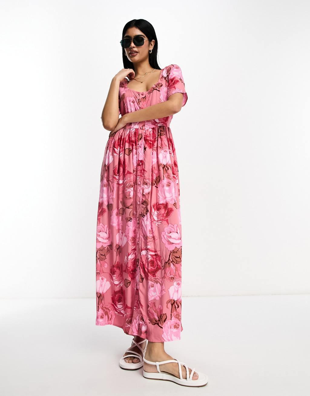 ASOS DESIGN square neck button up spun midi dress Product Image