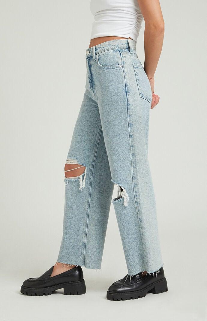 Women's Light Indigo Ripped Cropped Wide Leg Jeans Product Image