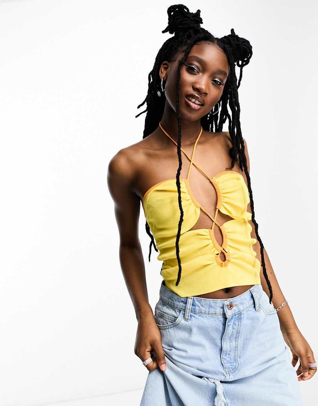 ASOS DESIGN knit halter top with cut-out detail and contrast trim in yellow Product Image