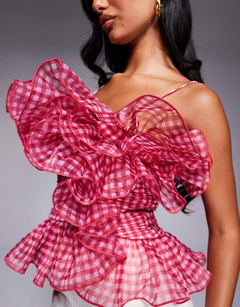 ASOS LUXE ruffle organza gingham top in pink and white Product Image