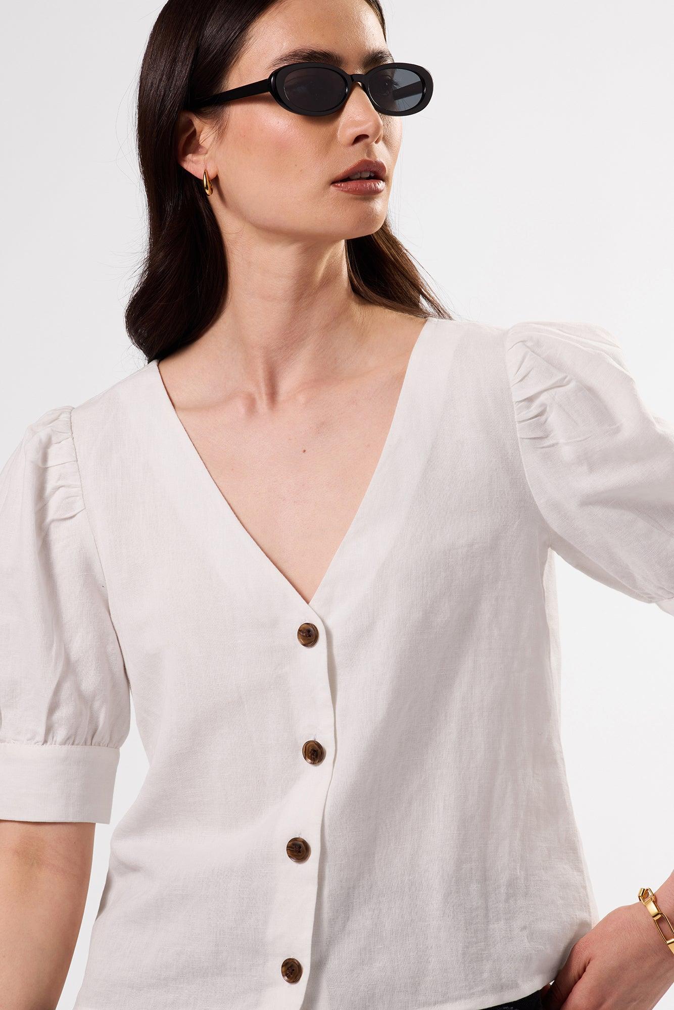 V Neck Cuff Sleeved Blouse - White product image