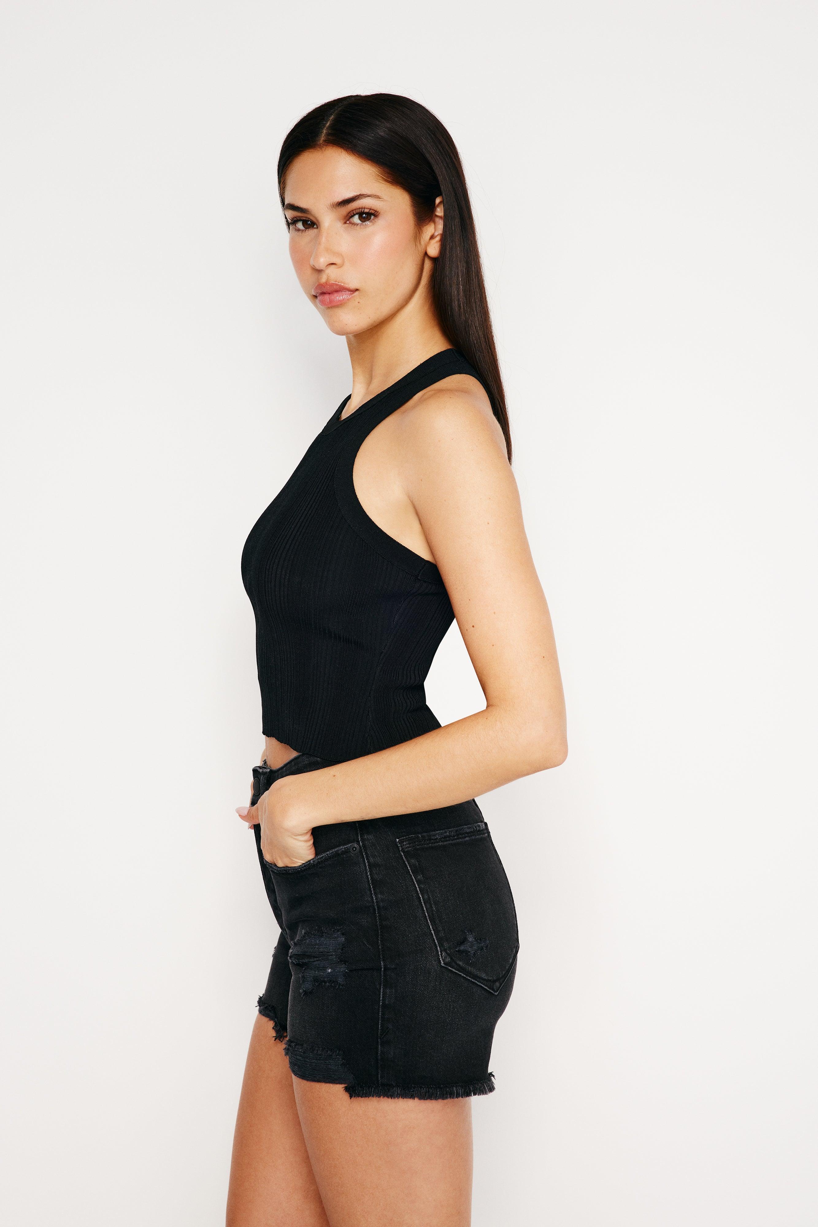 RIBBED KNIT CROPPED TANK TOP | BLACK001 Product Image