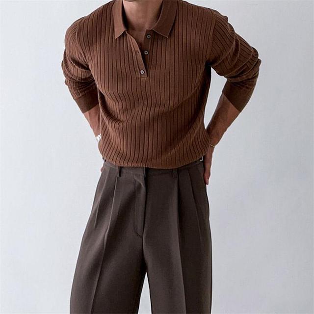 Long Sleeve Polo Neck Plain Ribbed Knitted Sweater Product Image