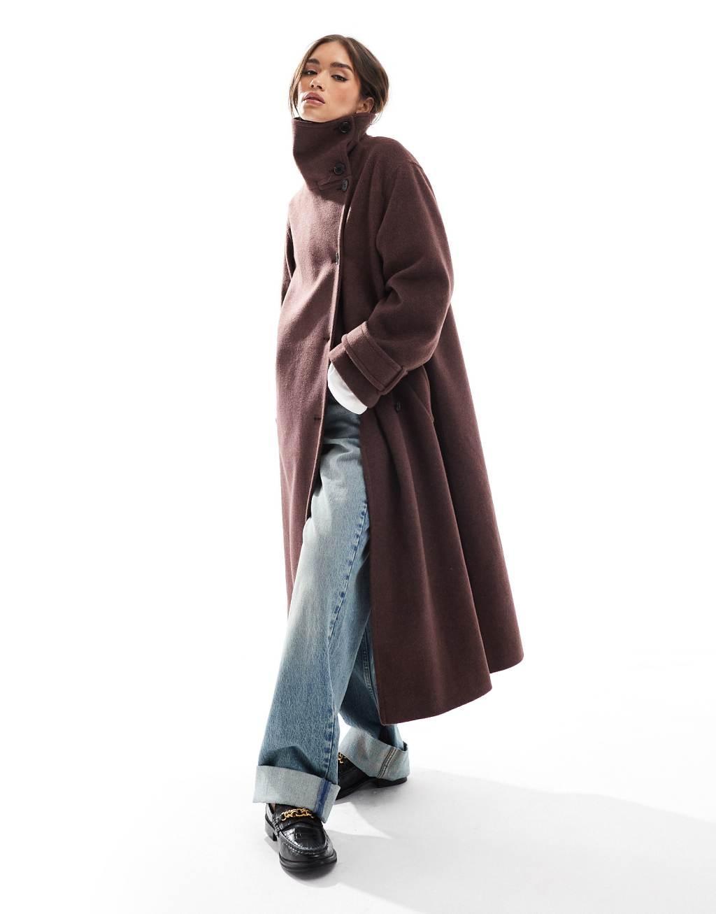 ASOS DESIGN funnel neck longline coat in chocolate Product Image