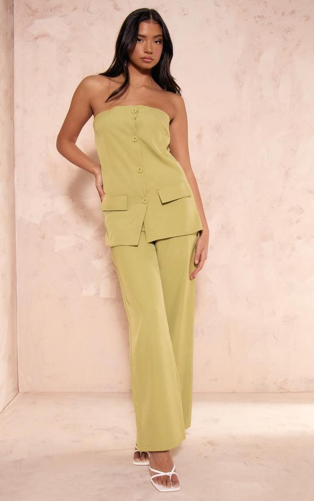 Olive Woven Bandeau Button Detail Tailored Wide Leg Jumpsuit Product Image