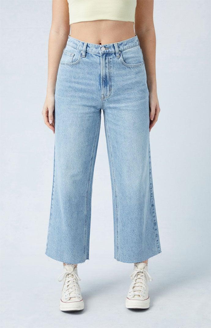 Women's Eco Light Indigo Raw Cut Cropped Wide Leg Jeans Product Image