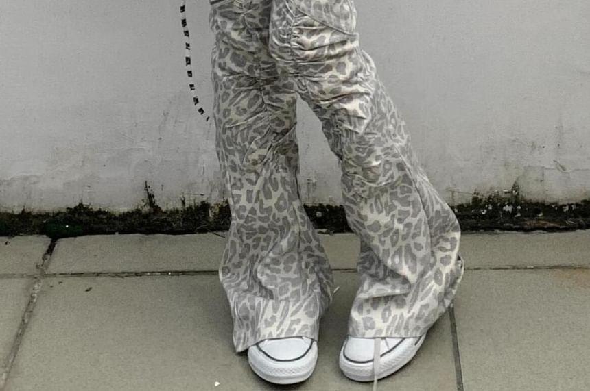 Low Rise Leopard Print Washed Bootcut Jeans Product Image